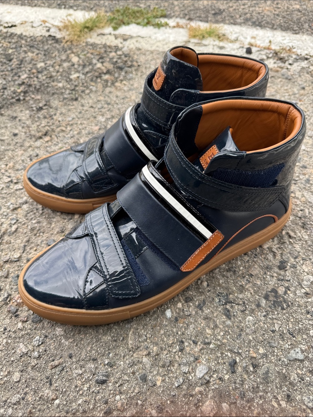 Bally Navy Patent Leather High-Top Velcro Sneakers with Tan Gum Sole